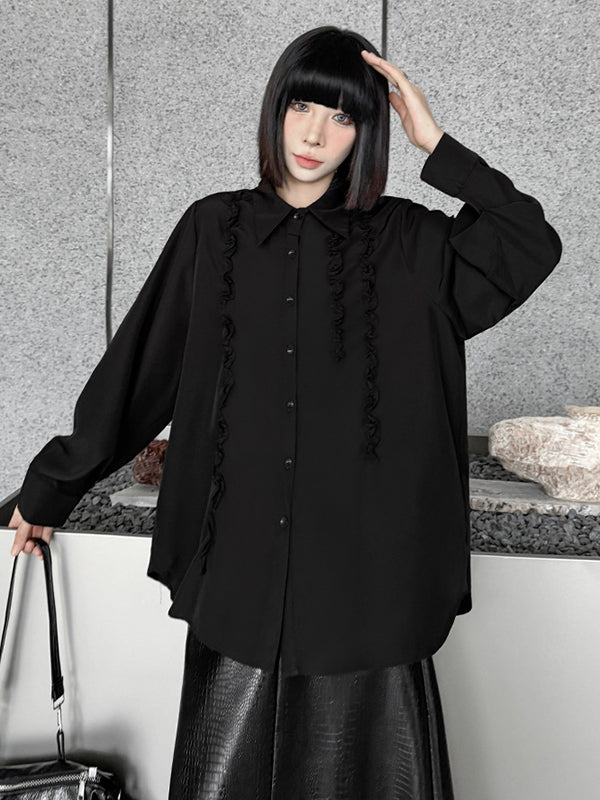 Buttoned Falbala Ruffled Solid Color Split-Joint Hipster Long Sleeves Lapel Blouses&shirts Tops