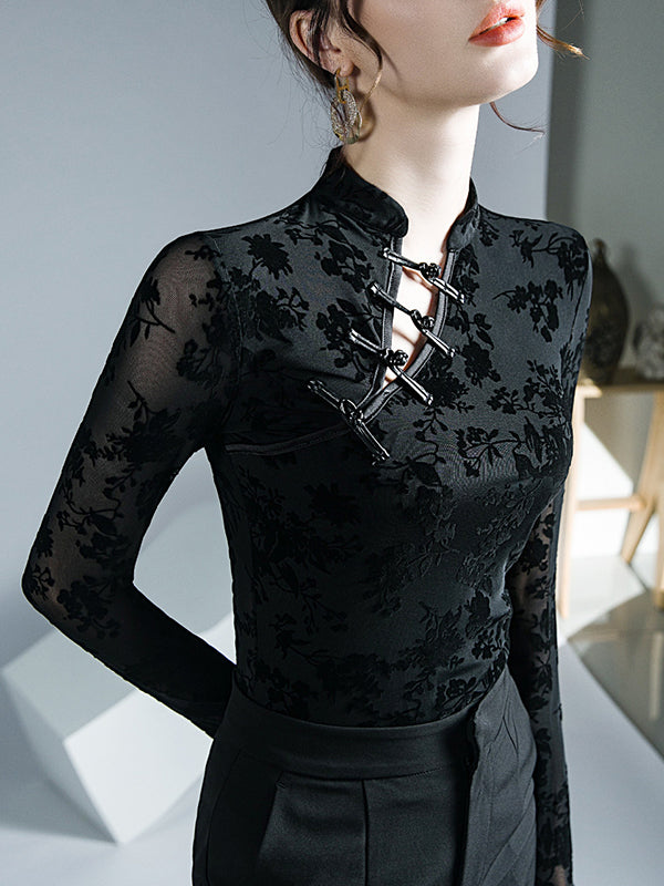 Buttoned Flower Print Mesh Long Sleeves Skinny Mock Neck T-Shirts Tops