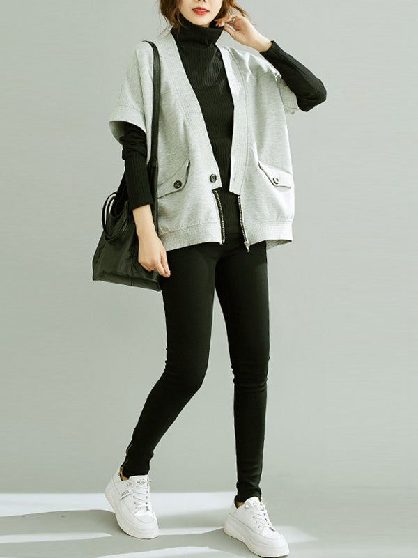 Zipper Batwing Sleeves Half Sleeves V-Neck Vest Top