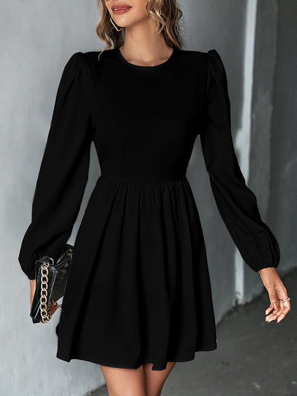 Backless Elasticity Hollow Pleated Solid Color Tied A-Line Bishop Sleeve Round-Neck Mini Dresses