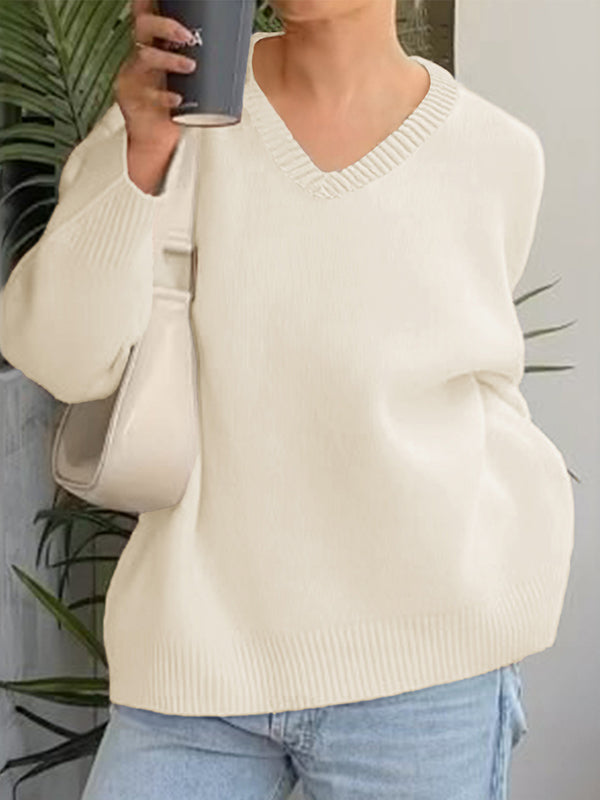 Ribs Solid Color Long Sleeves Loose V-Neck Sweater Tops