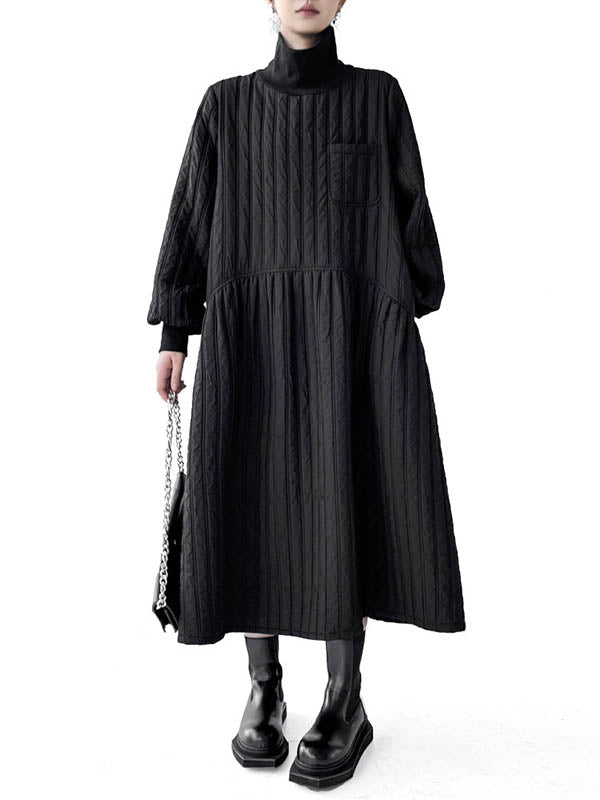 Embossed Pockets Quilted Solid Color Split-Joint A-Line Long Sleeves High Neck Sweater Dresses Midi Dresses