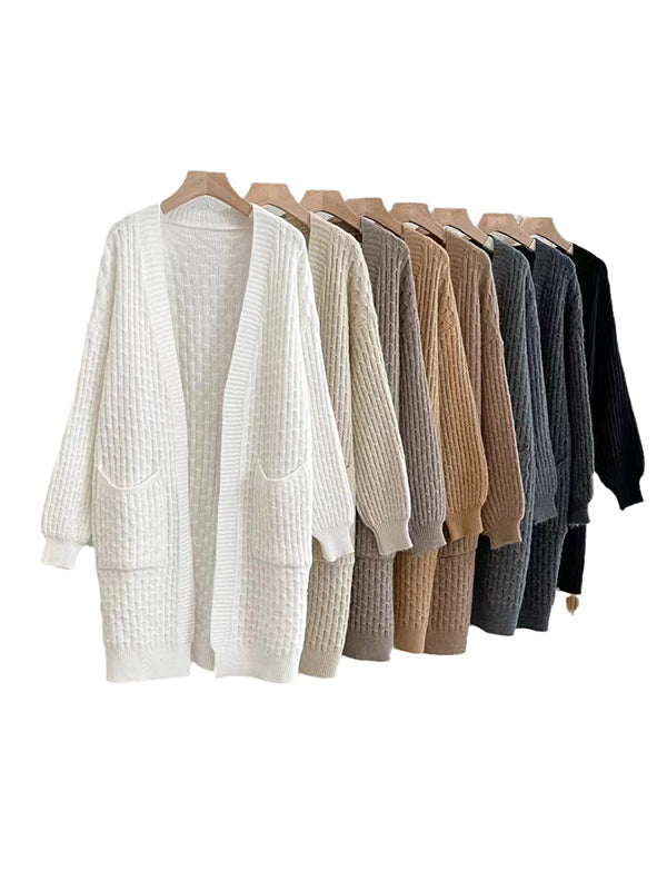 Pockets Solid Color Long Sleeves Loose Collarless Cardigan Tops