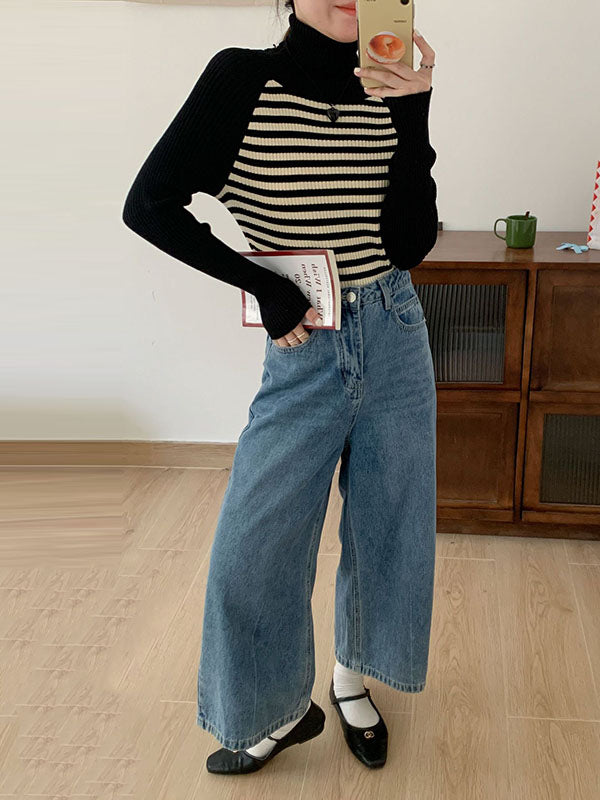 Contrast Color Striped Long Sleeves Skinny High Neck Sweater Tops Pullovers