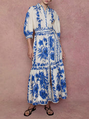 Floral Printed Pleated Split-Joint Tied Waist Loose Puff Sleeves Lapel Shirt Dress Maxi Dresses