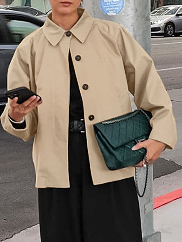 Buttoned Pockets Long Sleeves Loose Lapel Trench Coats Outerwear