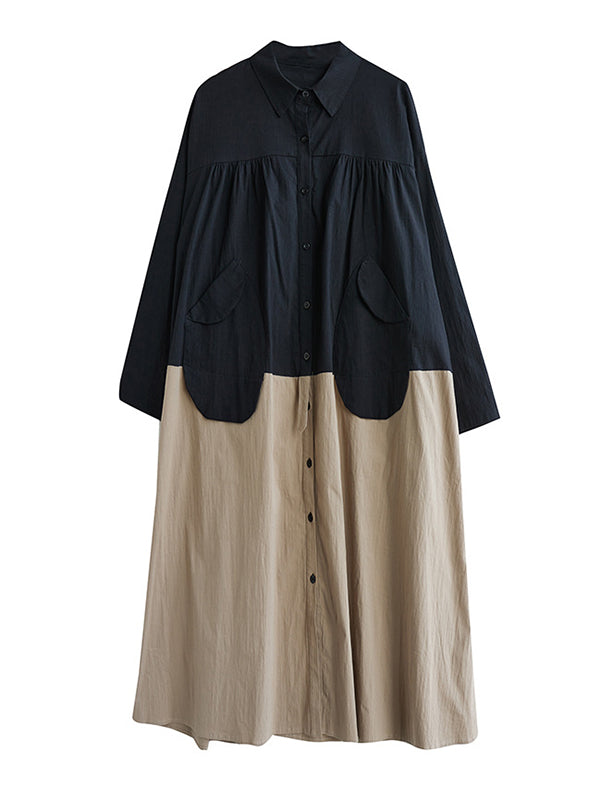 Original Loose Long Sleeves Buttoned Contrast Color Lapel Collar Midi Dresses