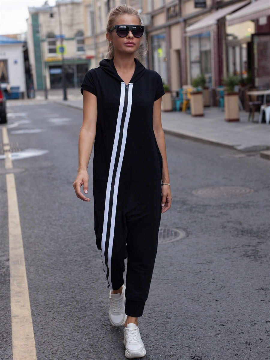 Stripes Zipper Hooded Jumpsuits
