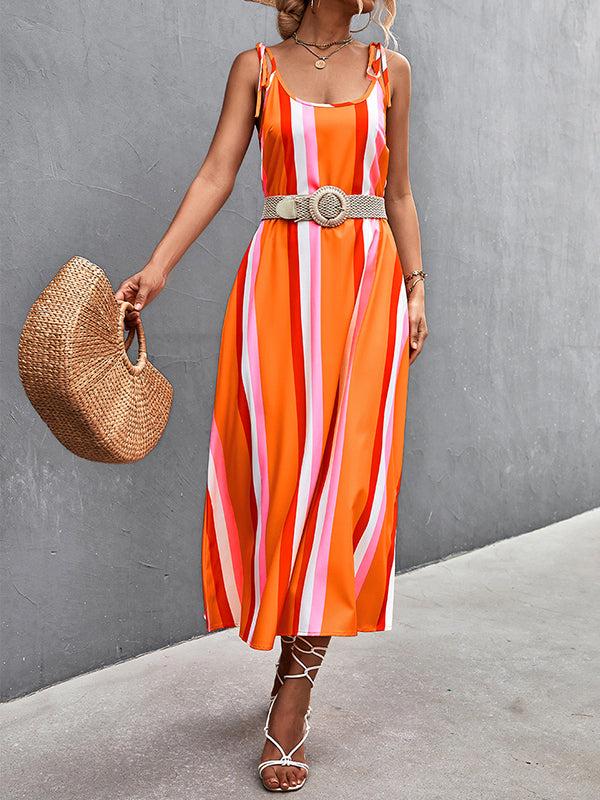 Contrast Color Striped Tied Loose Sleeveless U-Neck Slip Dress Midi Dresses