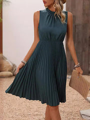 Elasticity Pleated Solid Color Split-Joint A-line Loose Mock Neck Midi Dresses