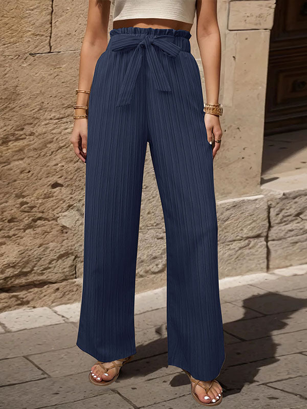 Elasticity Pleated Solid Color Tied Waist High Waisted Loose Trousers Pants