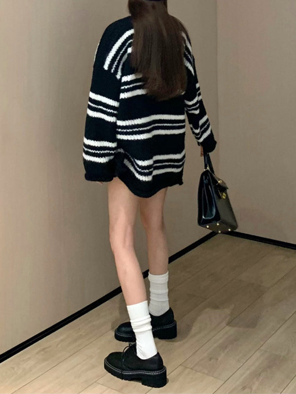 Split-Joint Striped Long Sleeves Loose Round-Neck Sweater