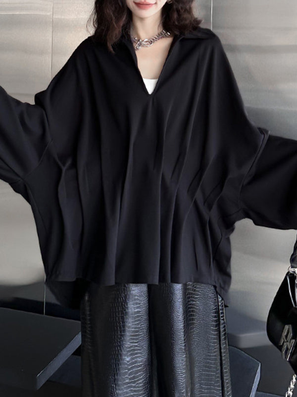 Pleated Solid Color Batwing Sleeves Long Sleeves Deep V-Neck Blouses&Shirts Tops