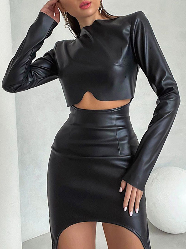 Solid Color Split-Joint Round-Neck T-shirt Top + High Waisted Zipper Bodycon Skirts Bottom Two Pieces Set