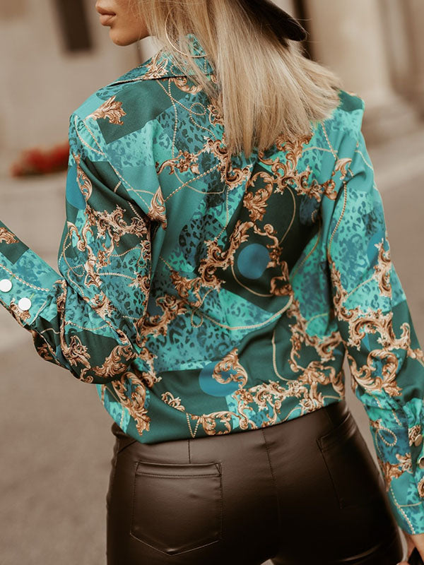 Printed Long Sleeves Loose Lapel Blouses