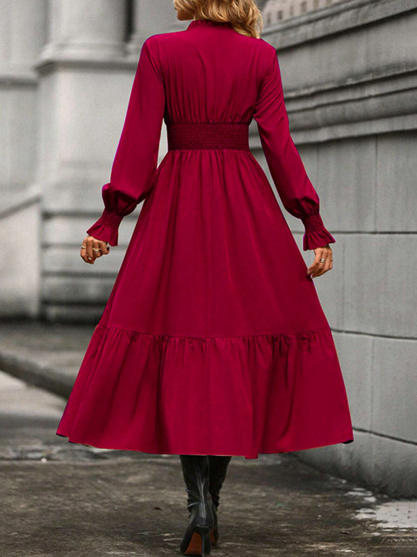 Elasticity Pleated Solid Color A-Line Flared Sleeves V-Neck Midi Dresses
