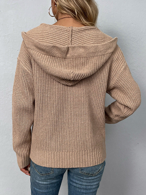 Casual Long Sleeves Hooded Solid Color Cardigan Tops
