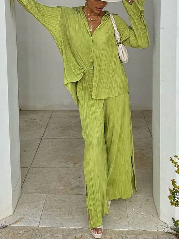 Solid Color Flared Sleeves Long Sleeves Buttoned Drawstring Pleated Split-Side Lapel Shirts Top + Pants Bottom Pajama Sets
