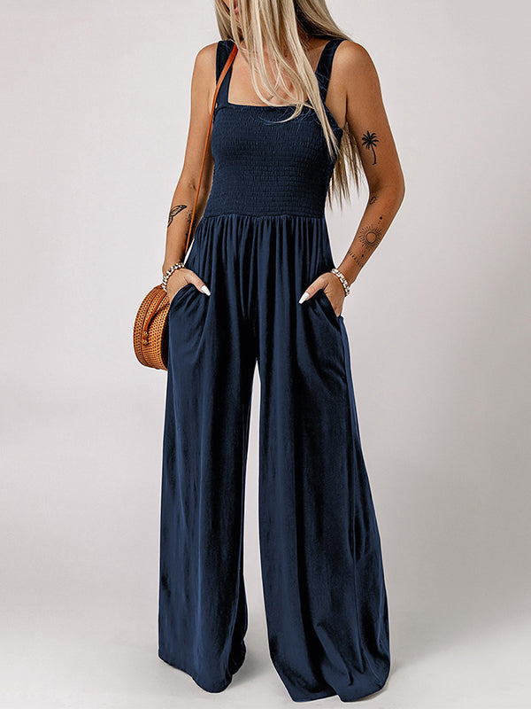 Pleated Solid Color Sleeveless Wide Leg Square-Neck Jumpsuits