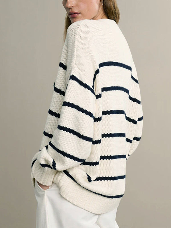 Split-Joint Striped Long Sleeves Loose V-neck Cardigan Tops