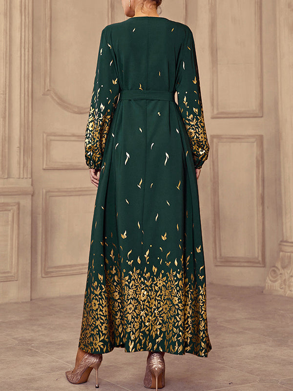 Bronzing Tasseled Tied Waist Bishop Sleeve Long Sleeves V-Neck Maxi Dresses