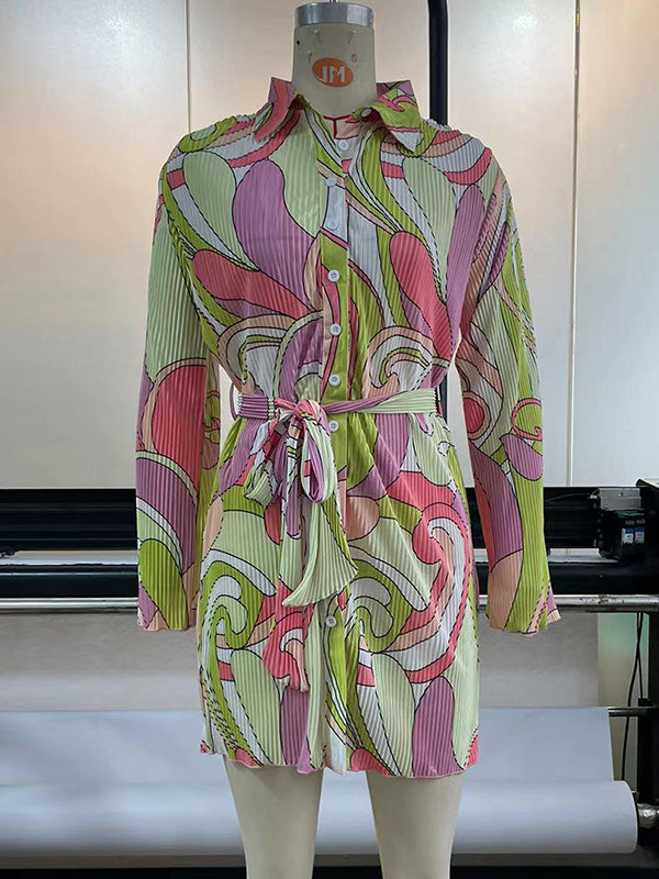 Buttoned Pleated Printed Tied Waist Long Sleeves Loose Lapel Mini Dresses