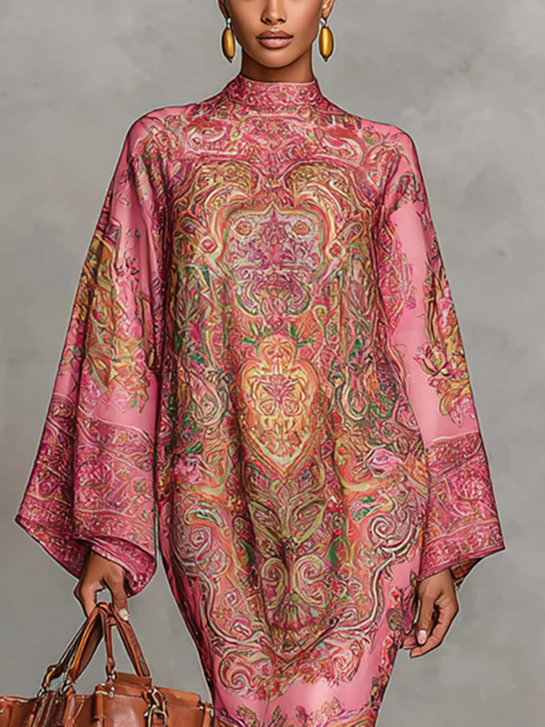Contrast Color Printed Long Sleeves Loose Mock Neck Midi Dresses