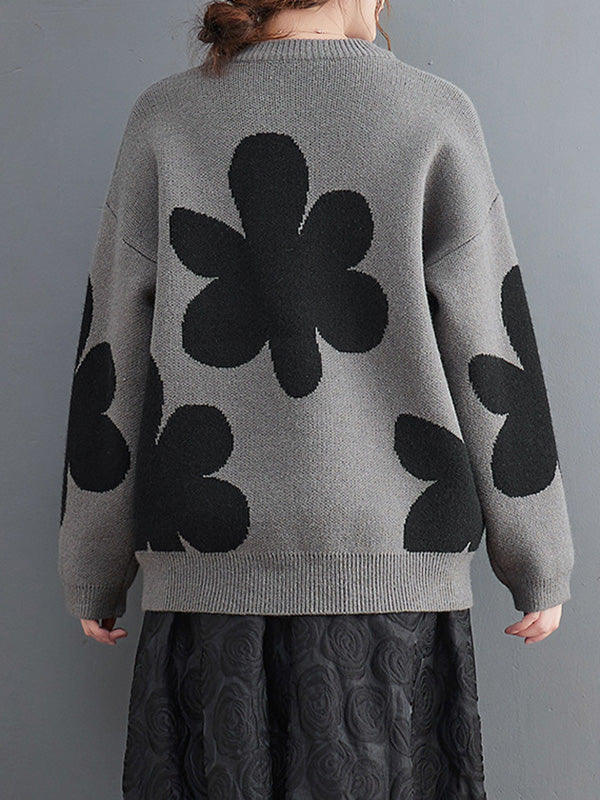 Casual Long Sleeves Loose Contrast Color Jacquard Round-Neck Pullovers
