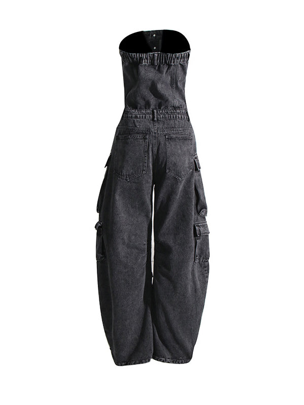 Buttoned Pockets Wide Leg High Waisted Sleeveless Tube Jumpsuits