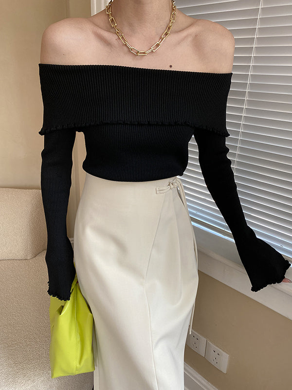 Falbala Solid Color Long Sleeves Skinny Off-the-shoulder Sweater Tops