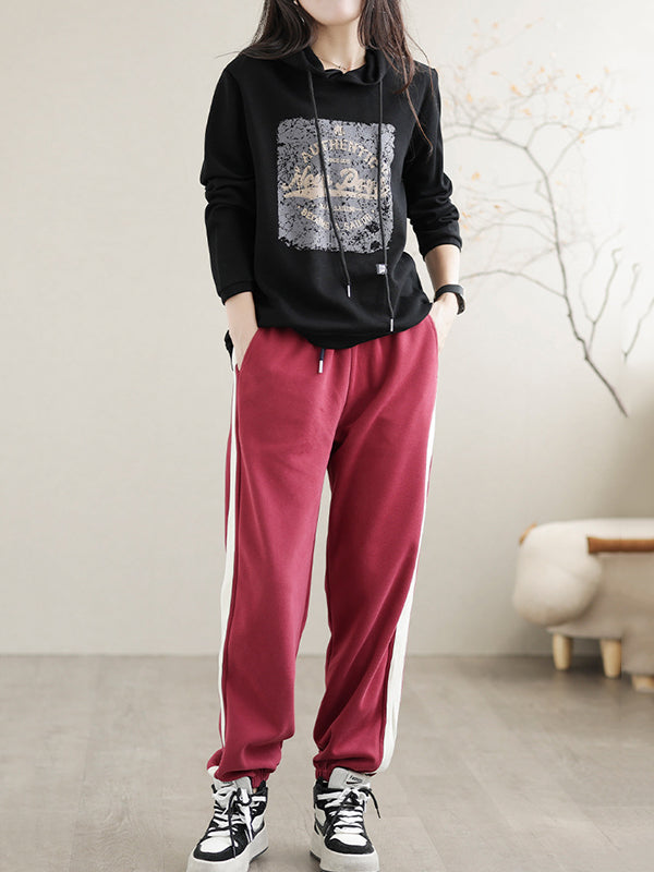 Drawstring Printed Long Sleeves Loose Hoodies Tops