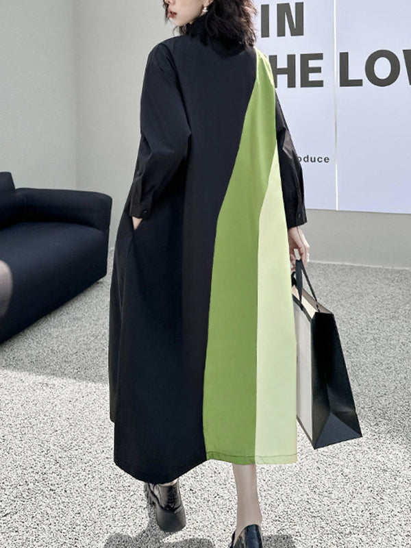 Asymmetric Buttoned Contrast Color Split-Joint Long Sleeves Loose Lapel Shirt Dress Midi Dresses