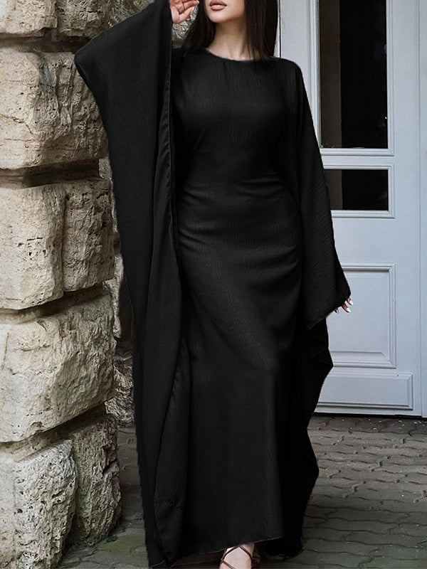Solid Color Batwing Sleeves Long Sleeves Round-Neck Maxi Dresses