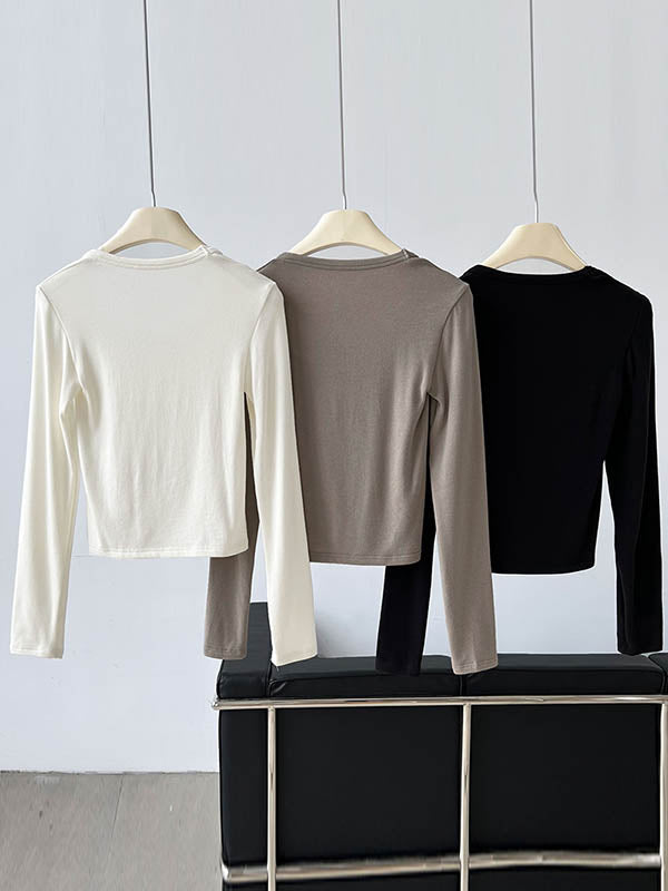 Solid Color Split-Joint Long Sleeves Skinny Round-Neck T-Shirts