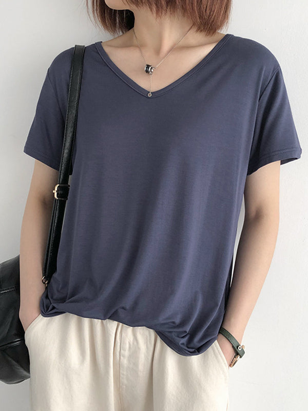 Simple Casual Solid Color V-Neck Short Sleeves T-Shirt Top