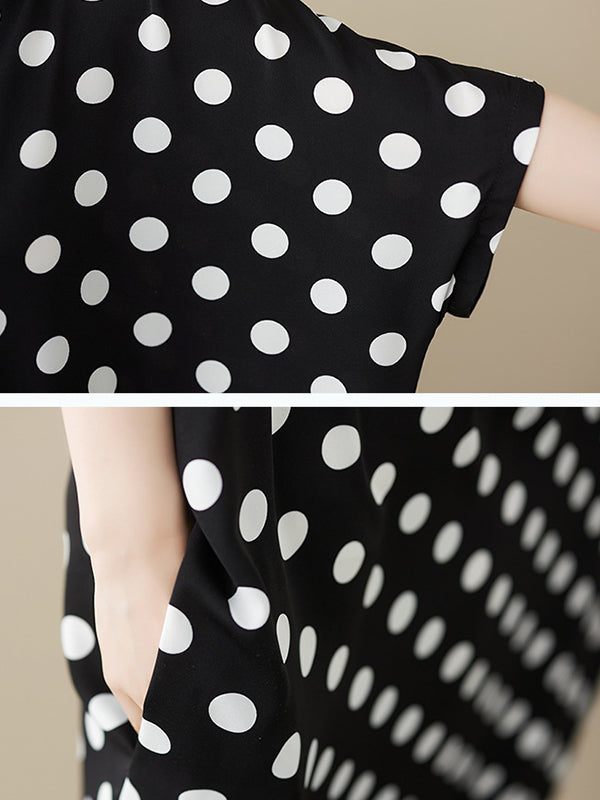 Polka-Dot Loose Short Sleeves V-Neck Midi Dresses