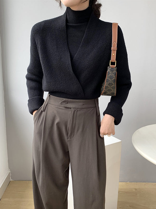 Asymmetric Solid Color Long Sleeves V-Neck Sweater Pullovers Knitwear