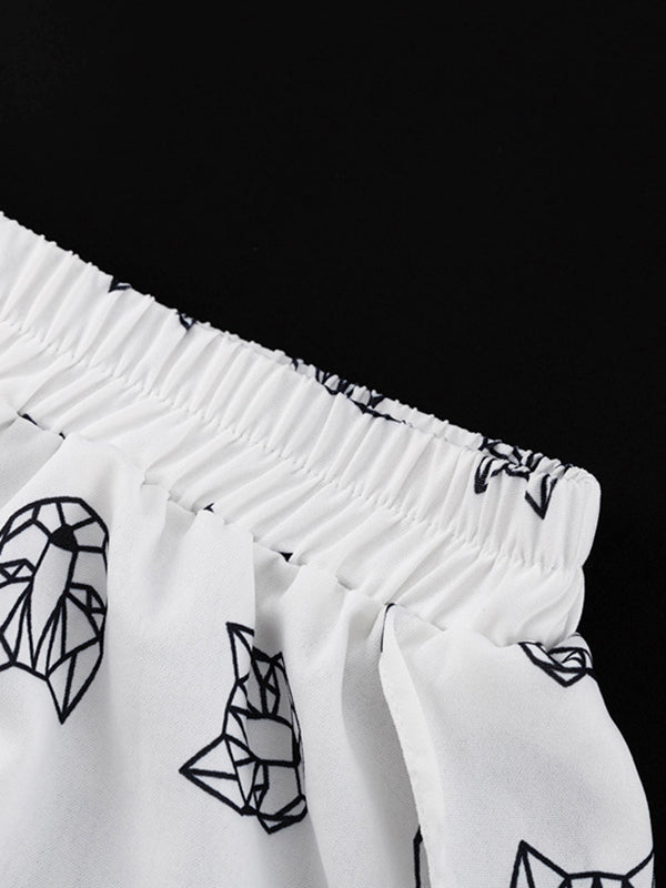 Loose  Printed  Long Sleeves Tied Waist Robes + High-Waisted Short Bottom Robes Pajama Sets