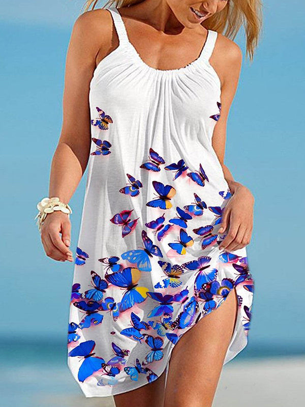 Butterfly Print Pleated A-Line Loose Spaghetti-Neck Mini Dresses