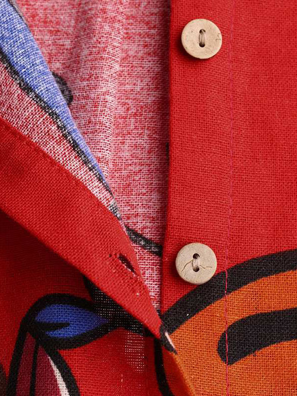 Buttoned Pockets Printed Long Sleeves Loose Lapel Shirt Dress Maxi Dresses