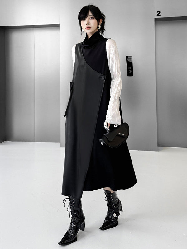 Asymmetric Buttoned Solid Color Split-Joint Irregularity Loose High Neck Midi Dresses