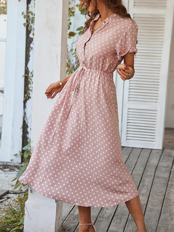 Buttoned Drawstring Polka-Dot A-Line High Waisted V-Neck Shirt Dress Midi Dresses