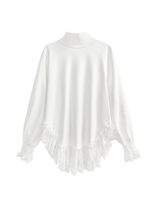 Solid Color Split-Joint Long Sleeves Loose High Neck T-Shirts Tops