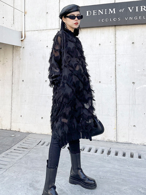 Asymmetric Mesh Pockets See-Through Solid Color Split-Joint Tasseled Irregularity Long Sleeves Stand Collar Midi Dresses