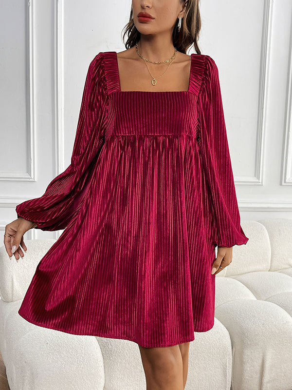 Pleated Shiny Solid Color Tied Velvet A-Line Long Sleeves Square-Neck Mini Dresses