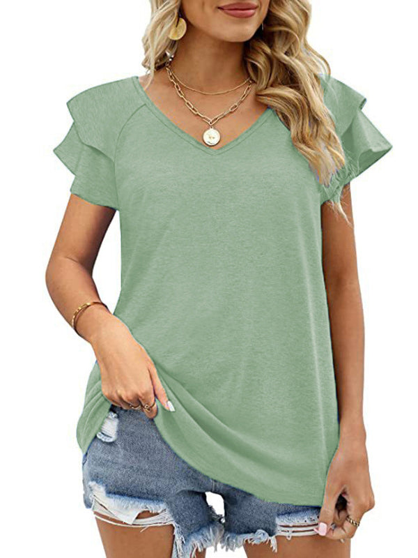 Falbala Solid Color Split-Joint Loose Short Sleeves V-Neck T-Shirts