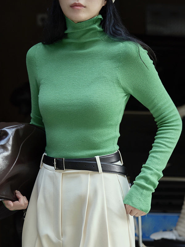 Solid Color Long Sleeves Skinny High-Neck Sweater Tops Pullovers