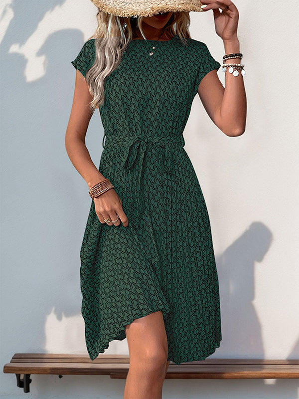 Printed Tied Waist Loose Raglan Sleeve Round-Neck Midi Dresses