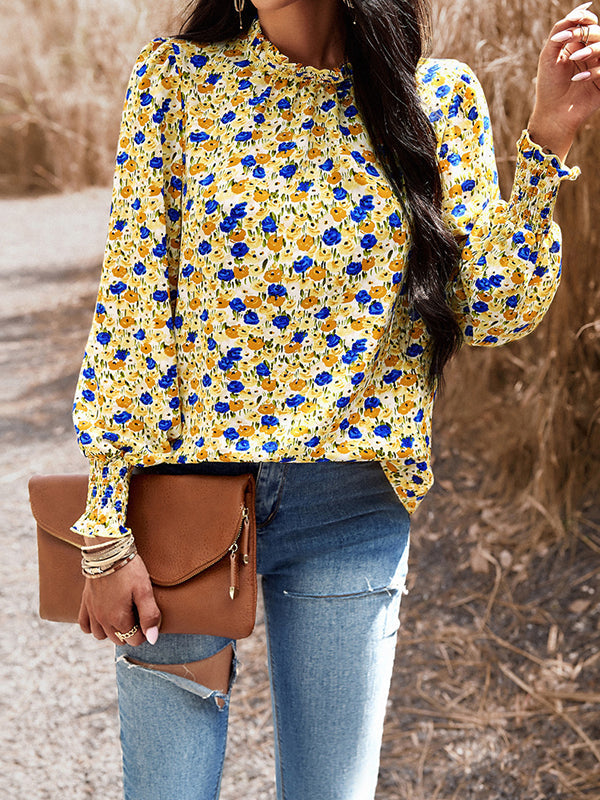 Elasticity Flower Print Ruffled Long Sleeves Loose Mock Neck Blouses&Shirts Tops