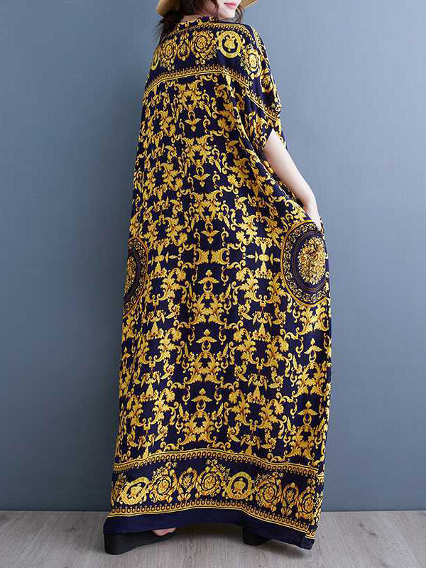 Printed A-Line Batwing Sleeves V-Neck Maxi Dresses